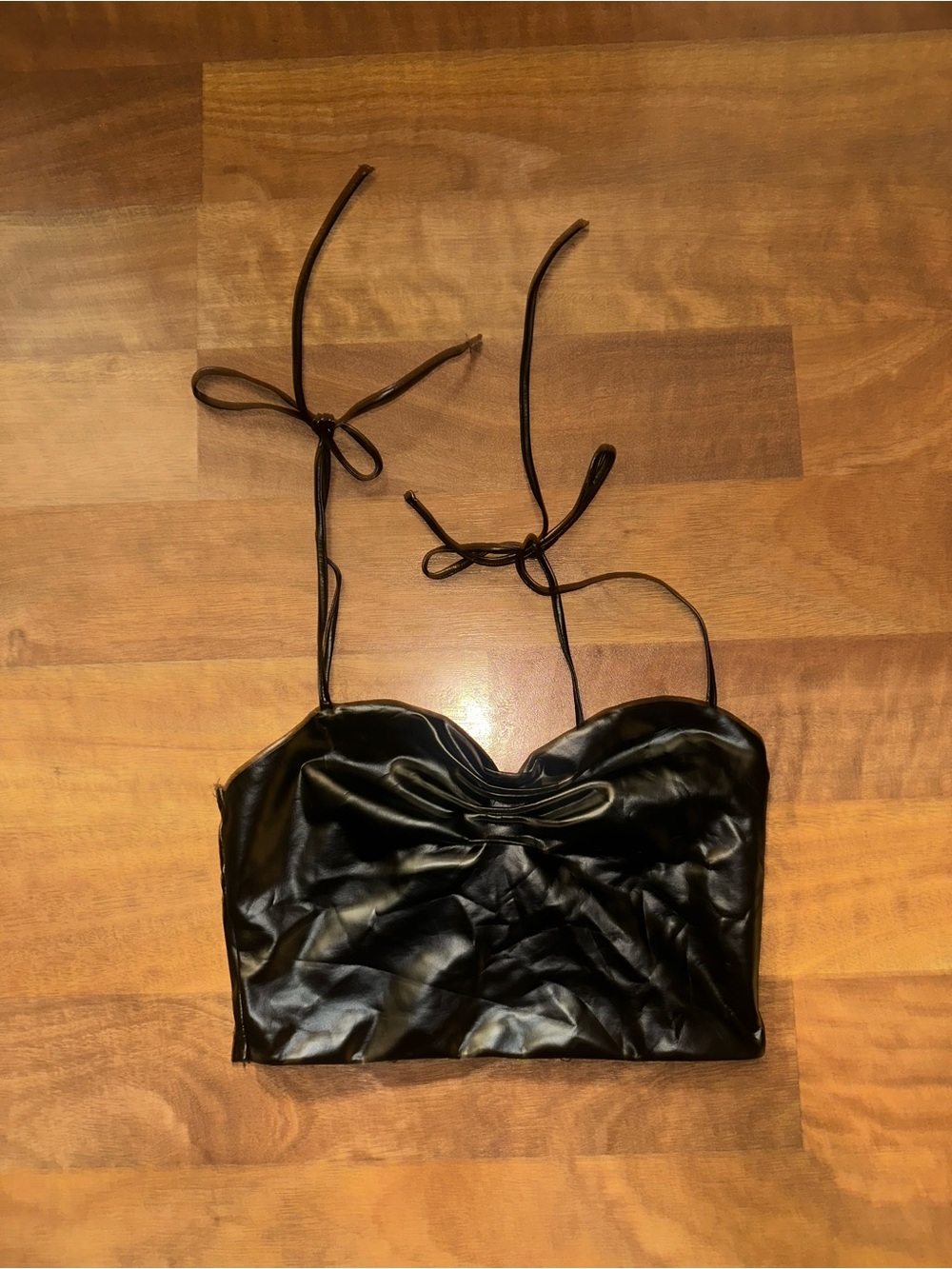 Faux Leather Black Tie-Strap Cropped Tank